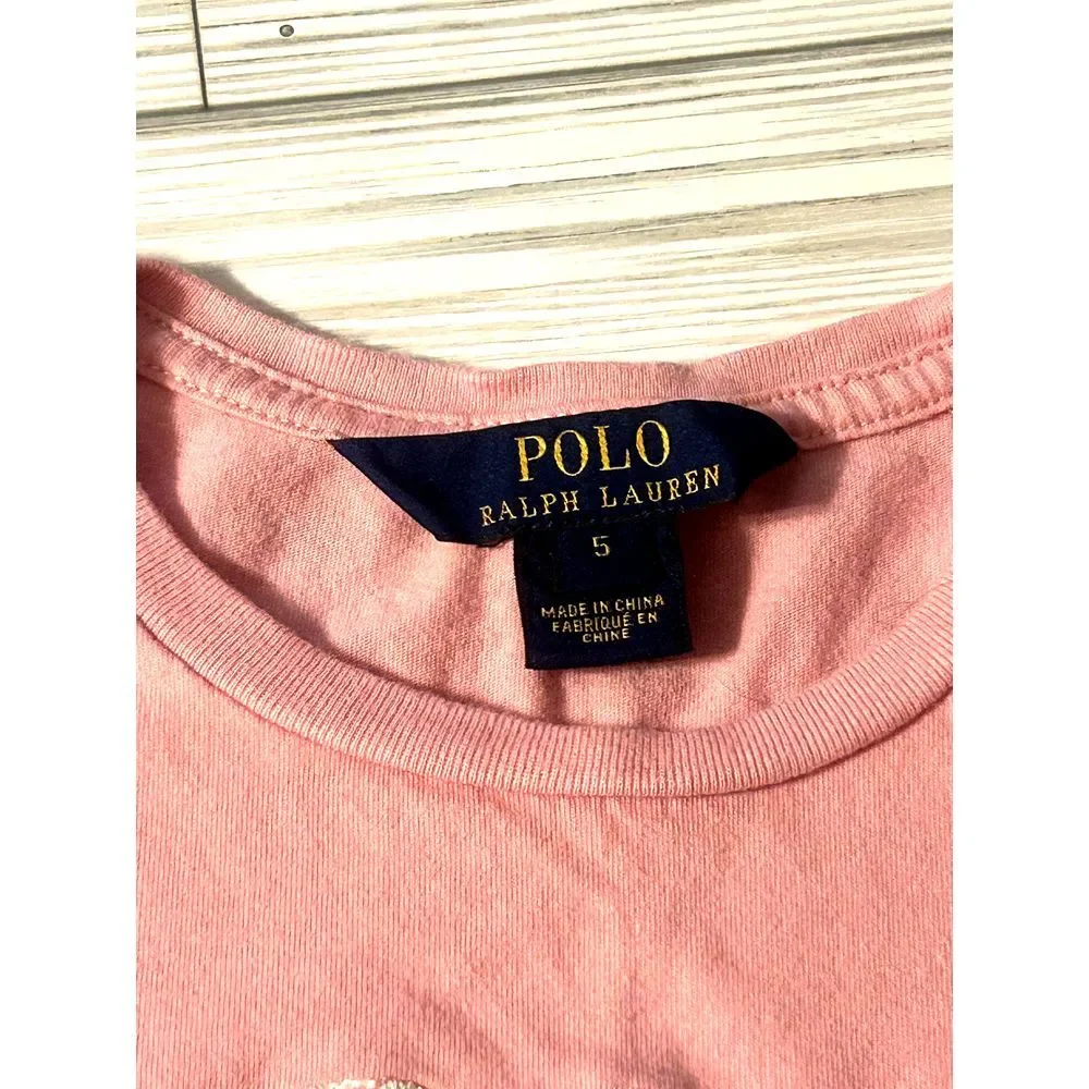 Polo Ralph Lauren Girls Short Sleeve‎ Hint Of Pink Polo Logo Cotton T-Shirt Sz 5
